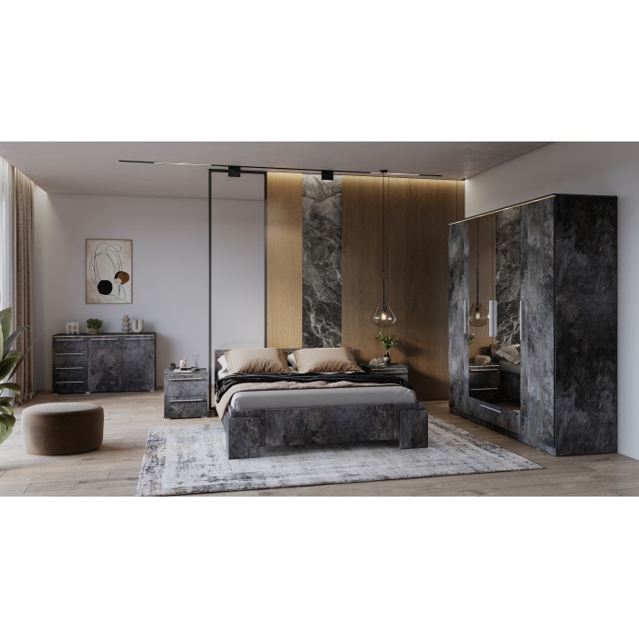 Commode BOMBAY – 135 cm – Effet ardoise – 2 portes 4 tiroirs – Éclairage LED multicolore