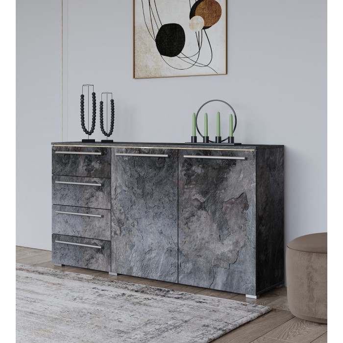 Commode BOMBAY – 135 cm – Effet ardoise – 2 portes 4 tiroirs – Éclairage LED multicolore