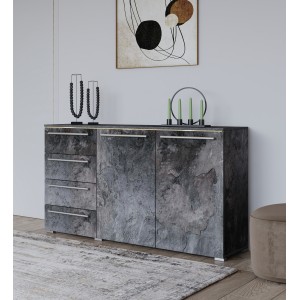 Commode BOMBAY – 135 cm – Effet ardoise – 2 portes 4 tiroirs – Éclairage LED multicolore