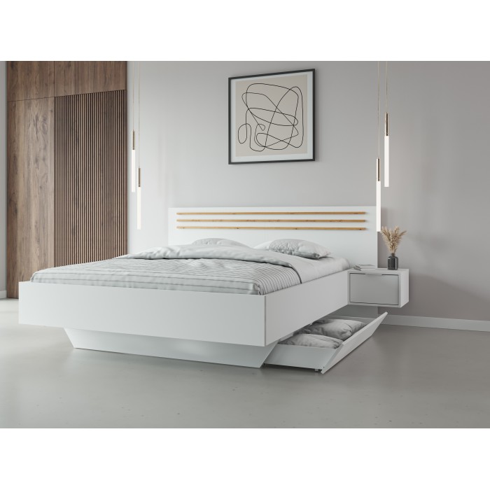 Lit FLORENCE – 180x200 cm – Blanc – Avec deux chevets – Sommier et tiroirs non inclus