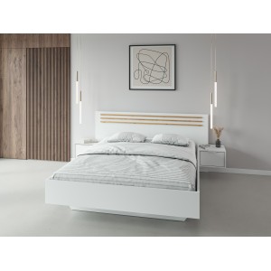 Pack lit FLORENCE – 160x200 cm – Avec sommier + 2 tiroirs – Chevets intégrés – Blanc et chêne