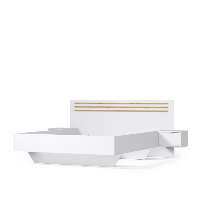 Pack lit FLORENCE – 160x200 cm – Avec sommier + 2 tiroirs – Chevets intégrés – Blanc et chêne