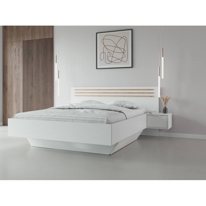 Pack lit FLORENCE – 160x200 cm – Avec sommier + 2 tiroirs – Chevets intégrés – Blanc et chêne