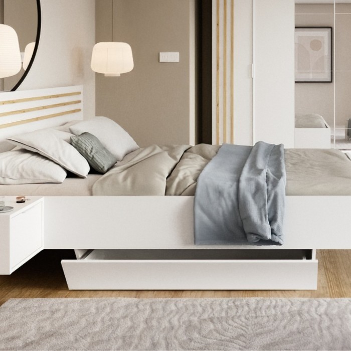 Pack lit FLORENCE – 160x200 cm – Avec sommier + 2 tiroirs – Chevets intégrés – Blanc et chêne