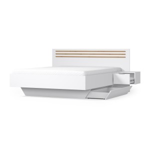 Pack lit FLORENCE – 160x200 cm – Avec sommier + 2 tiroirs – Chevets intégrés – Blanc et chêne