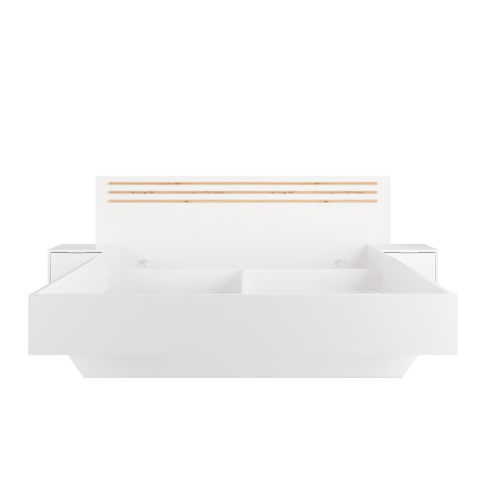 Pack lit FLORENCE – 180x200 cm – Avec sommier + 2 tiroirs – Chevets intégrés – Blanc et chêne