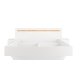 Pack lit FLORENCE – 180x200 cm – Avec sommier + 2 tiroirs – Chevets intégrés – Blanc et chêne