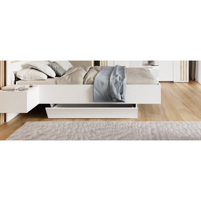 Pack lit FLORENCE – 180x200 cm – Avec sommier + 2 tiroirs – Chevets intégrés – Blanc et chêne