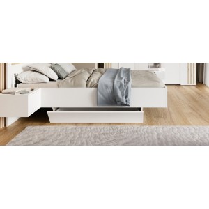 Pack lit FLORENCE – 180x200 cm – Avec sommier + 2 tiroirs – Chevets intégrés – Blanc et chêne