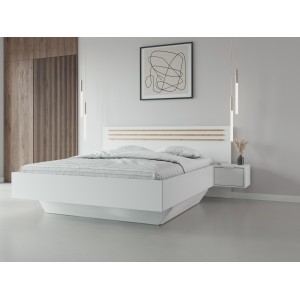 Pack lit FLORENCE – 180x200 cm – Avec sommier + 2 tiroirs – Chevets intégrés – Blanc et chêne