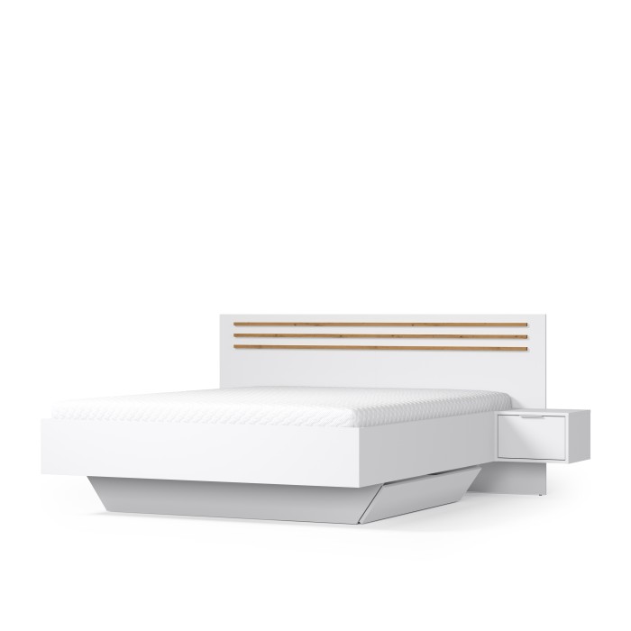 Pack lit FLORENCE – 180x200 cm – Avec sommier + 2 tiroirs – Chevets intégrés – Blanc et chêne