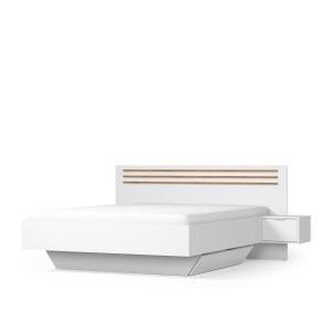 Pack lit FLORENCE – 180x200 cm – Avec sommier + 2 tiroirs – Chevets intégrés – Blanc et chêne