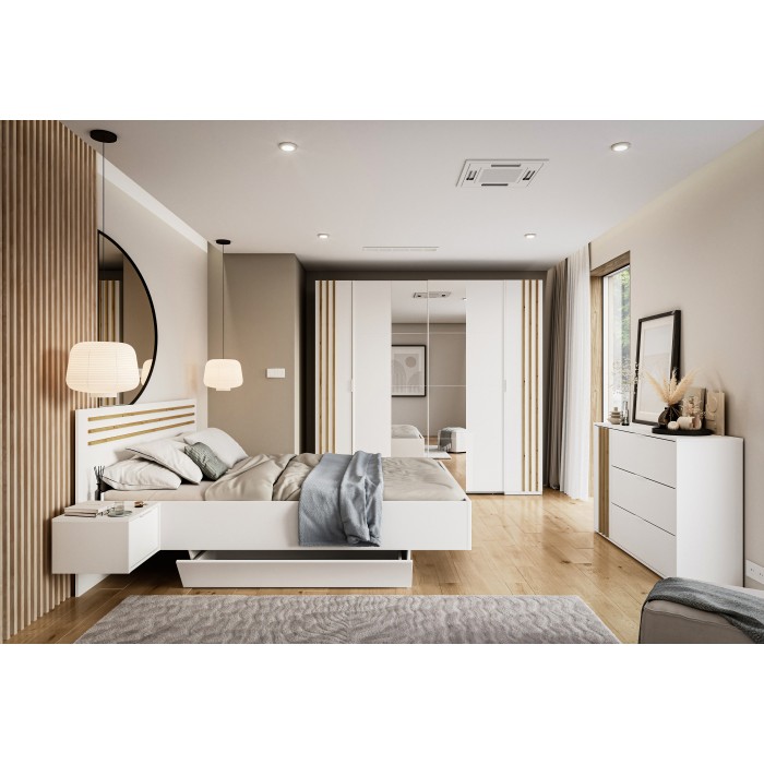 Pack lit FLORENCE – 180x200 cm – Avec sommier + 2 tiroirs – Chevets intégrés – Blanc et chêne