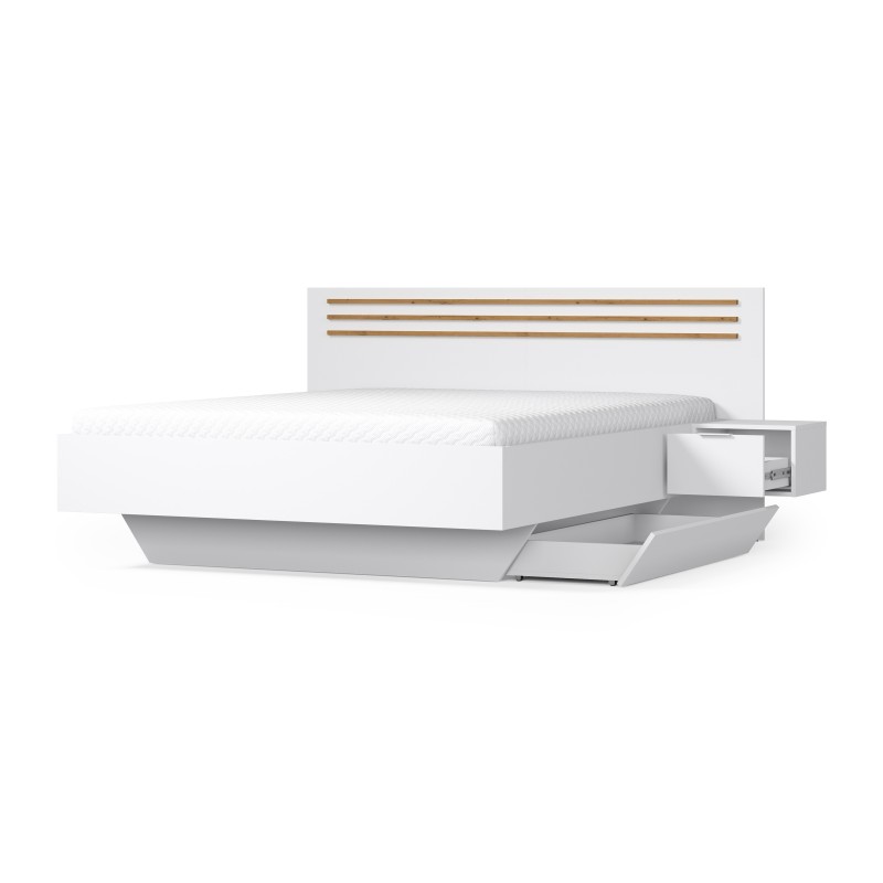 Pack lit FLORENCE – 180x200 cm – Avec sommier + 2 tiroirs – Chevets intégrés – Blanc et chêne