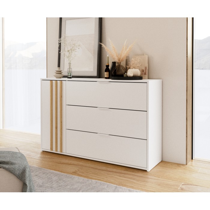 Chambre complète FLORENCE – Lit 160x200 + sommier + tiroirs + armoire + commode – Blanc et chêne
