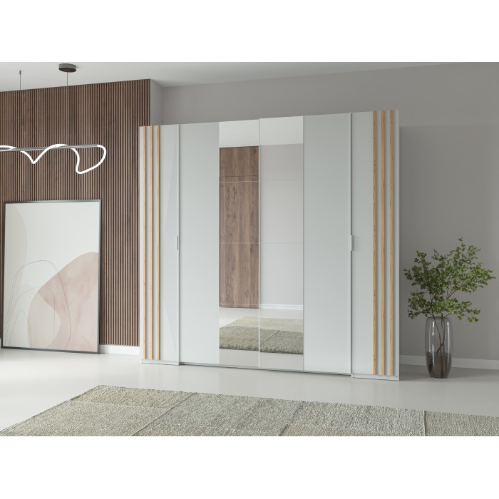 Chambre complète FLORENCE – Lit 180x200 + sommier + tiroirs + armoire + commode – Blanc et chêne