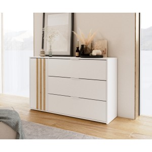 Chambre complète FLORENCE – Lit 180x200 + sommier + tiroirs + armoire + commode – Blanc et chêne