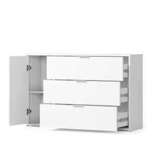 Chambre complète FLORENCE – Lit 180x200 + sommier + tiroirs + armoire + commode – Blanc et chêne