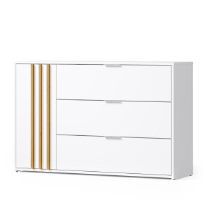 Chambre complète FLORENCE – Lit 180x200 + sommier + tiroirs + armoire + commode – Blanc et chêne