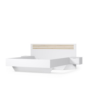 Chambre complète FLORENCE – Lit 180x200 + sommier + tiroirs + armoire + commode – Blanc et chêne