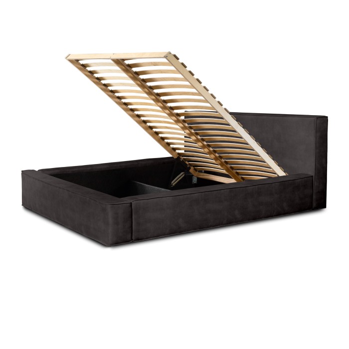 Lit coffre DENALI – Gris anthracite – 160x200 cm – Tissu velours doux – Sommier métal – Rangement haut de gamme