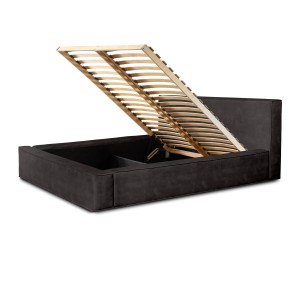 Lit coffre DENALI – Gris anthracite – 160x200 cm – Tissu velours doux – Sommier métal – Rangement haut de gamme