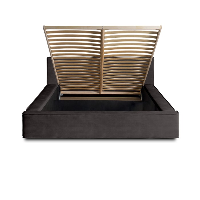 Lit coffre DENALI – Gris anthracite – 160x200 cm – Tissu velours doux – Sommier métal – Rangement haut de gamme