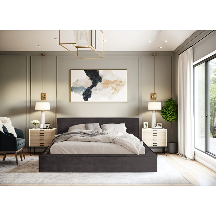 Lit coffre DENALI – Gris anthracite – 160x200 cm – Tissu velours doux – Sommier métal – Rangement haut de gamme