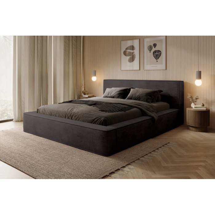 Lit coffre DENALI – Gris anthracite – 160x200 cm – Tissu velours doux – Sommier métal – Rangement haut de gamme
