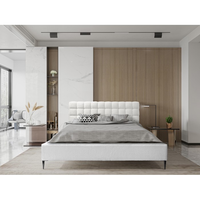 Lit MILLIO – Ivoire – 140x200 cm – Tissu chenille bouclé – Sommier inclus – Confort hôtel 5 étoiles