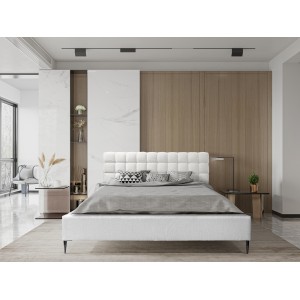 Lit MILLIO – Ivoire – 140x200 cm – Tissu chenille bouclé – Sommier inclus – Confort hôtel 5 étoiles
