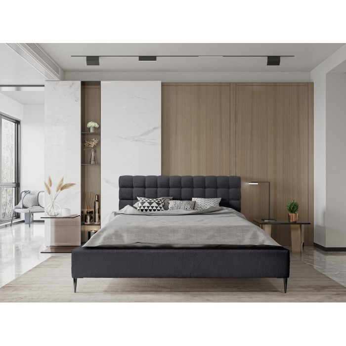 Lit MILLIO – Noir – 180x200 cm – Tissu chenille bouclé – Sommier inclus – Confort hôtel 5 étoiles