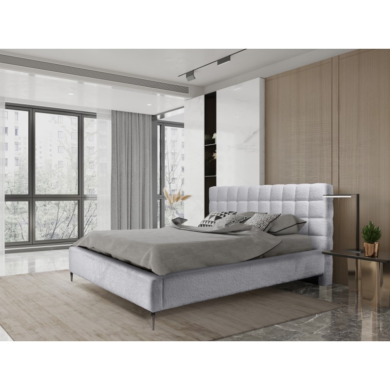 Lit MILLIO – Blanc – 160x200 cm – Tissu chenille bouclé – Sommier inclus – Confort hôtel 5 étoiles