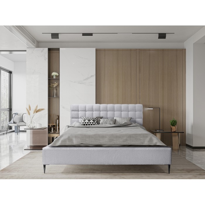 Lit MILLIO – Blanc – 160x200 cm – Tissu chenille bouclé – Sommier inclus – Confort hôtel 5 étoiles