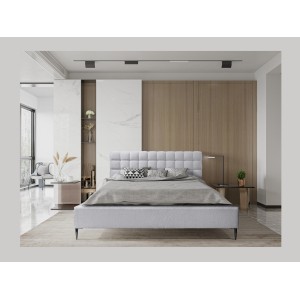 Lit MILLIO – Blanc – 140x200 cm – Tissu chenille bouclé – Sommier inclus – Confort hôtel 5 étoiles