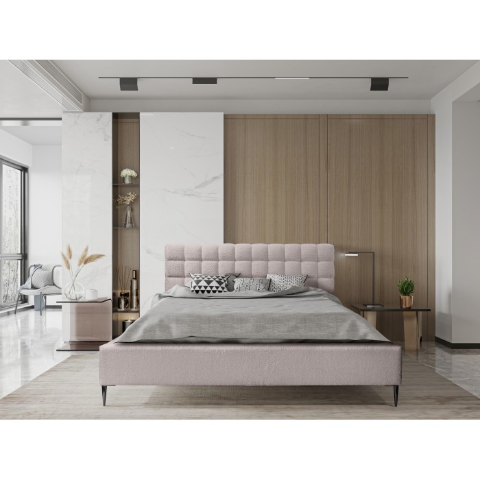 Lit MILLIO – Taupe – 140x200 cm – Tissu chenille bouclé – Sommier inclus – Confort hôtel 5 étoiles