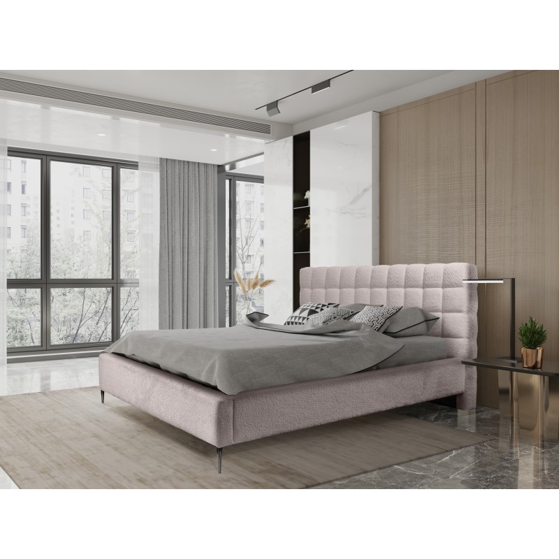 Lit MILLIO – Taupe – 160x200 cm – Tissu chenille bouclé – Sommier inclus – Confort hôtel 5 étoiles