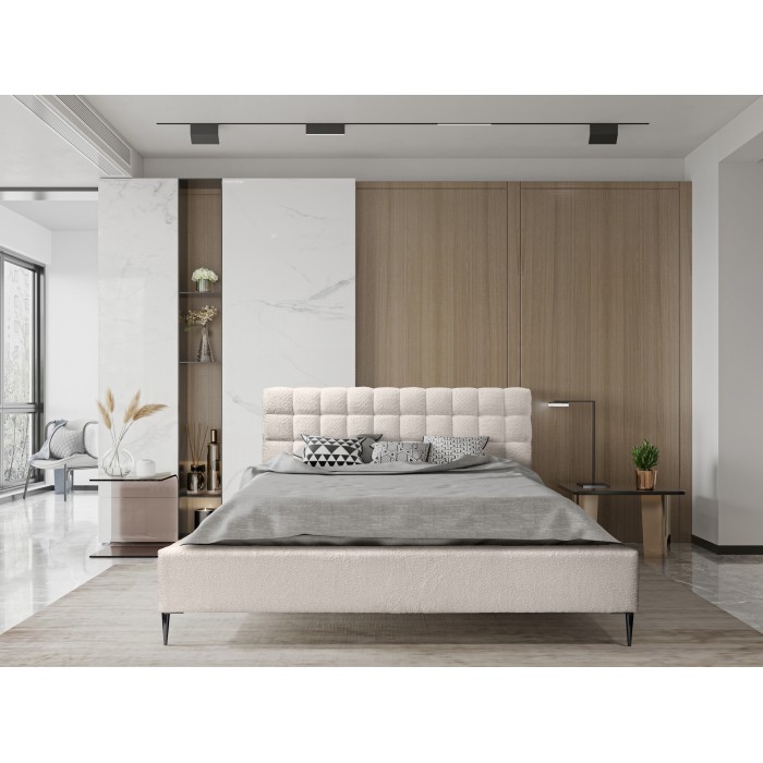Lit MILLIO – Crème – 160x200 cm – Tissu chenille bouclé – Sommier inclus – Confort hôtel 5 étoiles