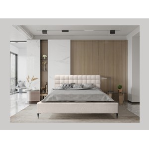 Lit MILLIO – Crème – 160x200 cm – Tissu chenille bouclé – Sommier inclus – Confort hôtel 5 étoiles