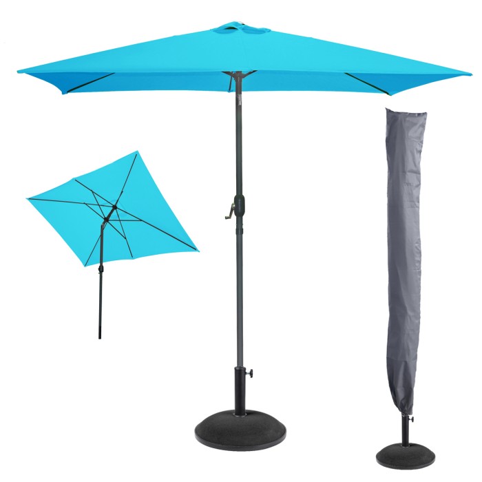 L’indispensable été : Parasol inclinable turquoise + housse anti-UV + dalle béton 20 kg