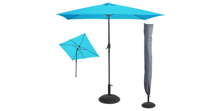 L’indispensable été : Parasol inclinable turquoise + housse anti-UV + dalle béton 20 kg