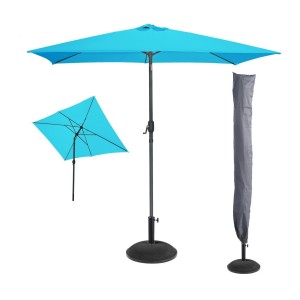 L’indispensable été : Parasol inclinable turquoise + housse anti-UV + dalle béton 20 kg