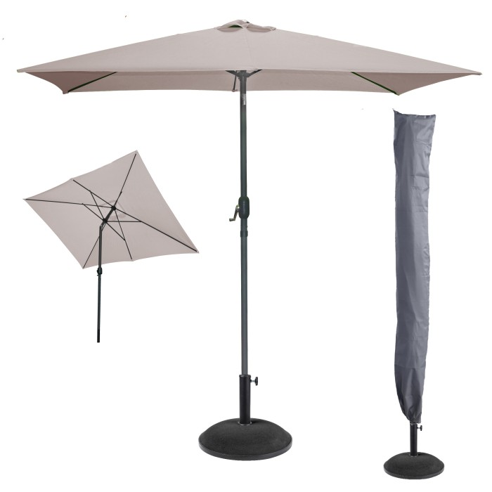 L’indispensable été : Parasol inclinable coloris taupe + housse anti-UV + pieds en ciment 25Kg