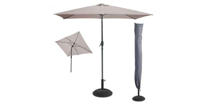 L’indispensable été : Parasol inclinable coloris taupe + housse anti-UV + pieds en ciment 25Kg