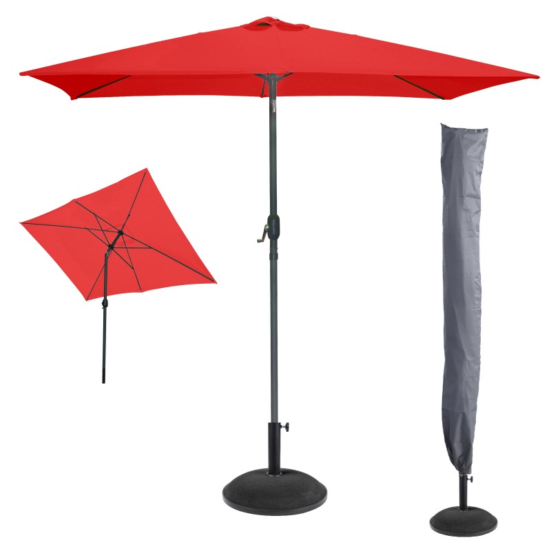 L’indispensable été : Parasol inclinable rouge + housse anti-UV + pieds en ciment 25Kg