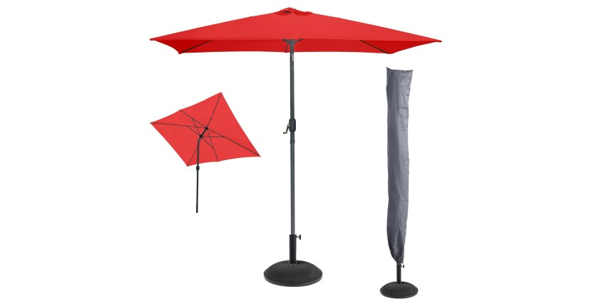 L’indispensable été : Parasol inclinable rouge + housse anti-UV + pieds en ciment 25Kg