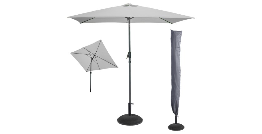 L’indispensable été : Parasol inclinable coloris gris clair + housse anti-UV + pieds en ciment 25Kg