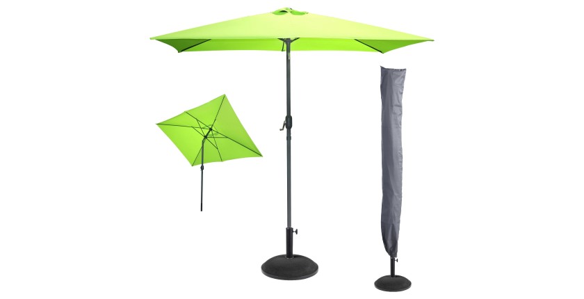L’indispensable été : Parasol inclinable vert pomme + housse anti-UV + pieds en ciment 25Kg