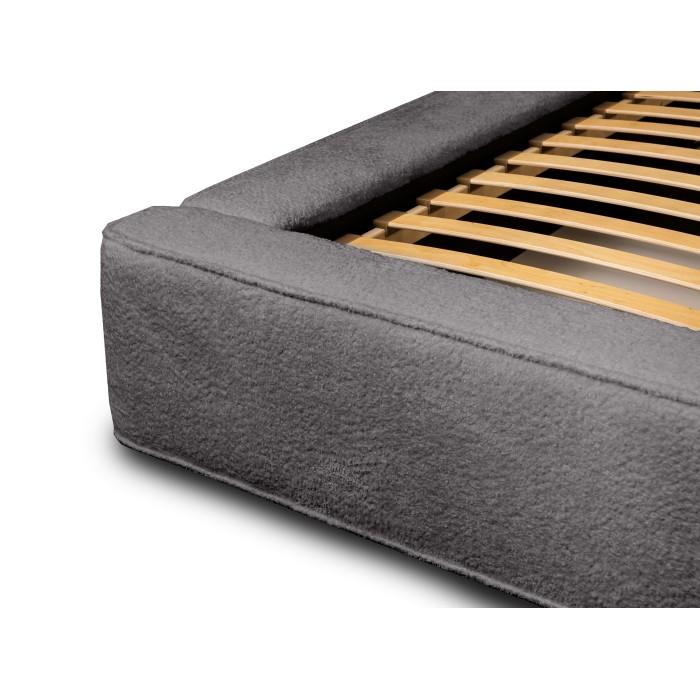Lit coffre VELORA – Gris cendré bouclé – 160x200 cm – Tissu velours doux – Sommier relevable – Rangement intégré
