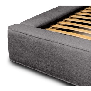 Lit coffre VELORA – Gris cendré bouclé – 160x200 cm – Tissu velours doux – Sommier relevable – Rangement intégré